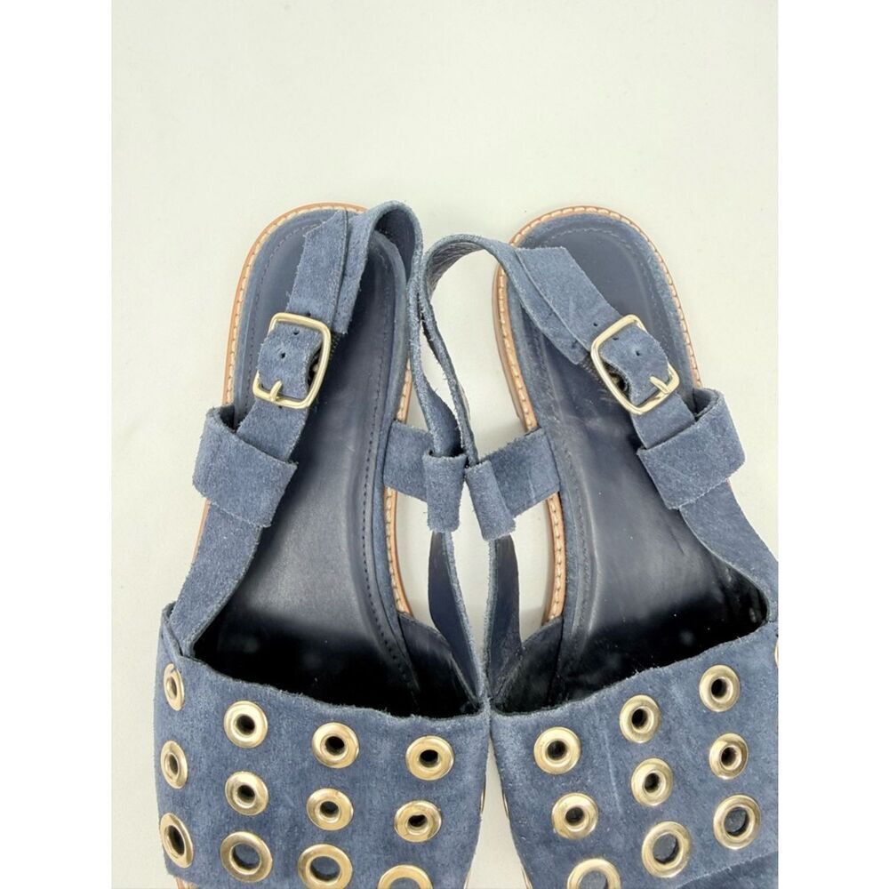 J. Crew Blue Suede Leather Gold Grommet Slingback Nautical Flat Sandals - Picture 11 of 14